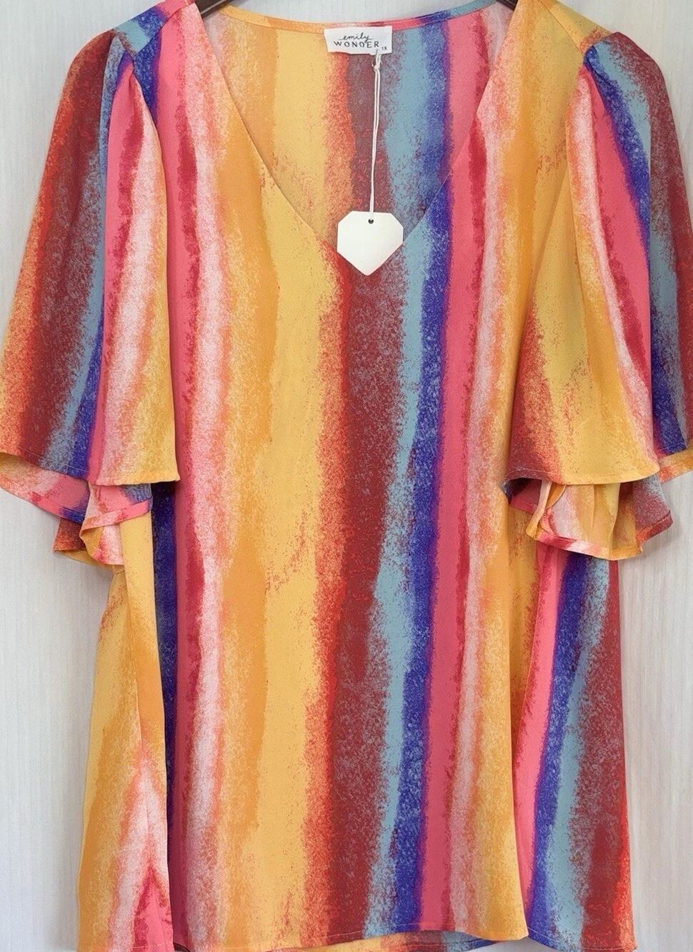Emily Wonder 1X NWT Rainbow Stripe V Neck Tunic Blouse Flutter Sleeve